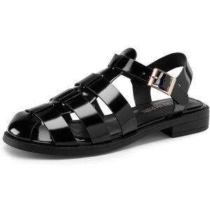 Women's Black Fisherman Sandals with Gold Buckle
